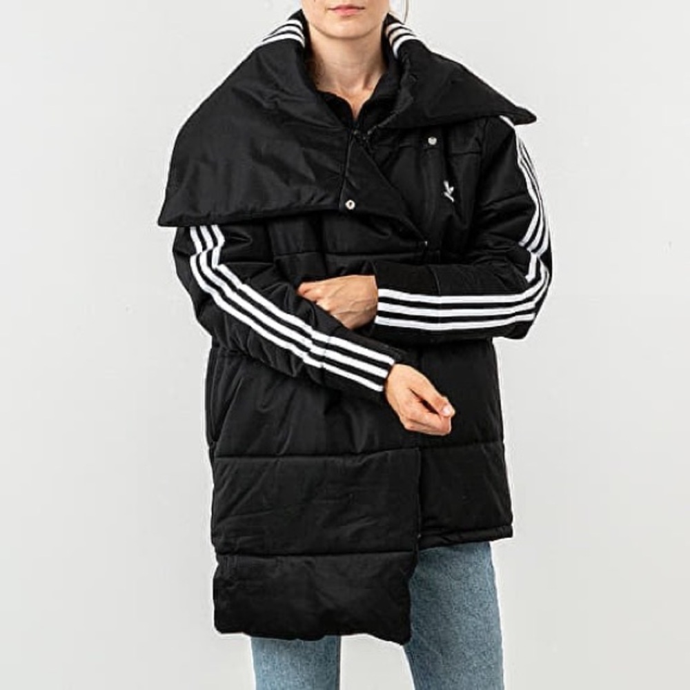 Adidas Black Puffer Jacket with White Stripes